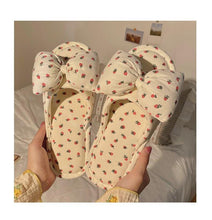 Load image into Gallery viewer, Beautiful Bow Flat Lightweight Soft Spring Autumn Women Cotton Shoes Indoor Fluffy Warm Home Comfortable High Quality Slippers Memory Foam Open Toe Slide Slippers Ribbon Strap  Slip-On House Shoes
