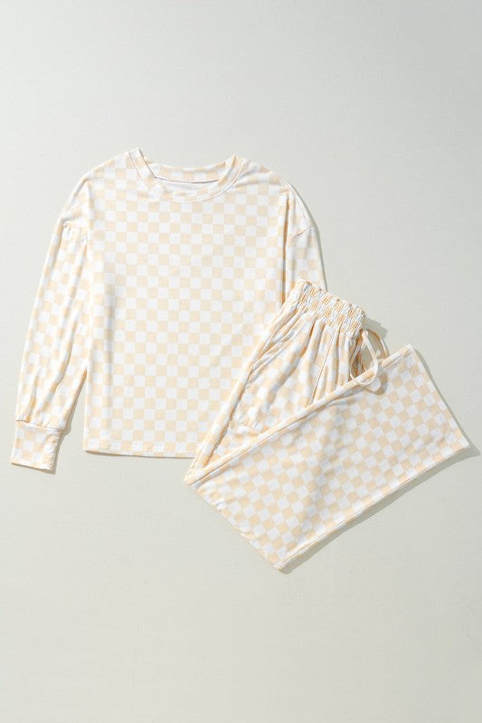 Checker Long Sleeve Top and Pants Lounge Set