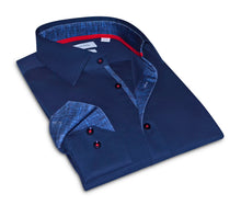 Load image into Gallery viewer, Kevin// Cotton Knit-Stretch Button-Up Shirt With Contrast Details // Navy // Tailored Fit (Fitted)

