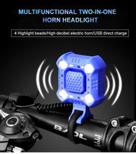 Load image into Gallery viewer, Bike Bell 4 Lamp Cycling Light 1200mAh Electric Horn Waterproof USB Charging Loud Alarm Security Bicycle Bell Bright Eyes Fully Waterproof Lumen Rechargeable Mountain Road Bike Headlight
