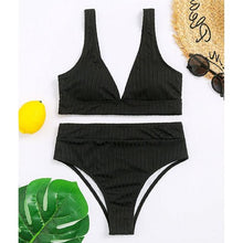 Load image into Gallery viewer, Bikini High Waist Swimwear Women's Swimsuits Push Up Ribbed Bathing Suits Black V-Neck Bikinis Set  High Waist Tummy Control Bathing Suits For Women Deep V Neck Black Comfortable Beachwear
