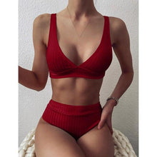 Load image into Gallery viewer, Bikini High Waist Swimwear Women's Swimsuits Push Up Ribbed Bathing Suits Black V-Neck Bikinis Set  High Waist Tummy Control Bathing Suits For Women Deep V Neck Black Comfortable Beachwear
