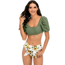 Load image into Gallery viewer, Bikini New 2 Piece Women Swimsuit Women's High Waist Bikini Set Fashion Puff Sleeve Swimwear Set Bathing Suits Solid Color Short Puff Sleeve Summer High Waist Cut Backless Bathing Suit Beachwear

