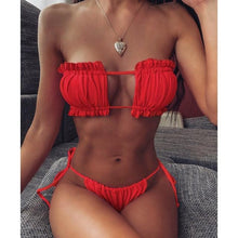 Load image into Gallery viewer, Bikini  Pleated Swimsuit Female Swimwear Women's  Ruffle Tie Side Bikini Set High Cut Strapless Padded Solid Bathing Suit Women Mini Thong Bikini Set Bather Swimming Beachwear For Bathing Suit
