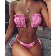 Load image into Gallery viewer, Bikini  Pleated Swimsuit Female Swimwear Women's  Ruffle Tie Side Bikini Set High Cut Strapless Padded Solid Bathing Suit Women Mini Thong Bikini Set Bather Swimming Beachwear For Bathing Suit
