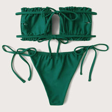 Load image into Gallery viewer, Bikini  Pleated Swimsuit Female Swimwear Women's  Ruffle Tie Side Bikini Set High Cut Strapless Padded Solid Bathing Suit Women Mini Thong Bikini Set Bather Swimming Beachwear For Bathing Suit
