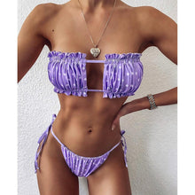 Load image into Gallery viewer, Bikini  Pleated Swimsuit Female Swimwear Women's  Ruffle Tie Side Bikini Set High Cut Strapless Padded Solid Bathing Suit Women Mini Thong Bikini Set Bather Swimming Beachwear For Bathing Suit
