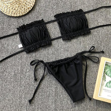 Load image into Gallery viewer, Bikini  Pleated Swimsuit Female Swimwear Women's  Ruffle Tie Side Bikini Set High Cut Strapless Padded Solid Bathing Suit Women Mini Thong Bikini Set Bather Swimming Beachwear For Bathing Suit
