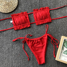 Load image into Gallery viewer, Bikini  Pleated Swimsuit Female Swimwear Women's  Ruffle Tie Side Bikini Set High Cut Strapless Padded Solid Bathing Suit Women Mini Thong Bikini Set Bather Swimming Beachwear For Bathing Suit

