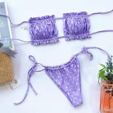 Load image into Gallery viewer, Bikini  Pleated Swimsuit Female Swimwear Women's  Ruffle Tie Side Bikini Set High Cut Strapless Padded Solid Bathing Suit Women Mini Thong Bikini Set Bather Swimming Beachwear For Bathing Suit
