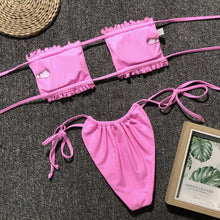 Load image into Gallery viewer, Bikini  Pleated Swimsuit Female Swimwear Women's  Ruffle Tie Side Bikini Set High Cut Strapless Padded Solid Bathing Suit Women Mini Thong Bikini Set Bather Swimming Beachwear For Bathing Suit
