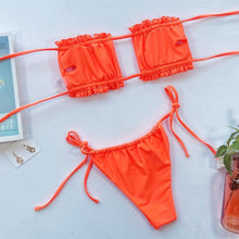 Load image into Gallery viewer, Bikini  Pleated Swimsuit Female Swimwear Women's  Ruffle Tie Side Bikini Set High Cut Strapless Padded Solid Bathing Suit Women Mini Thong Bikini Set Bather Swimming Beachwear For Bathing Suit
