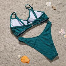 Load image into Gallery viewer, Bikini Swimwear Women Green Swimsuits Bathing Suit Beachwear Women's Ribbed Braided String Bikini Lace Up Swimsuit Square Collar High Cut Bathing Suit
