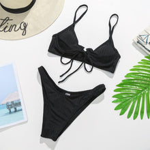 Load image into Gallery viewer, Bikini Swimwear Women Green Swimsuits Bathing Suit Beachwear Women's Ribbed Braided String Bikini Lace Up Swimsuit Square Collar High Cut Bathing Suit
