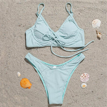 Load image into Gallery viewer, Bikini Swimwear Women Green Swimsuits Bathing Suit Beachwear Women's Ribbed Braided String Bikini Lace Up Swimsuit Square Collar High Cut Bathing Suit
