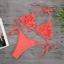 Load image into Gallery viewer, Bikinis  New 3D Flower Swimwear Solid Bikini Bandage Swimsuit Women's Solid Halter Padded Push Up Bikini Set Two Pieces Swimsuit Swimwear Bathing Suit Bikini Set Female Cute Ladies Beachwear Push Up Bikini

