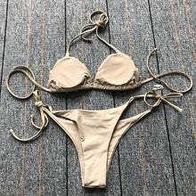 Load image into Gallery viewer, Bikinis  New 3D Flower Swimwear Solid Bikini Bandage Swimsuit Women's Solid Halter Padded Push Up Bikini Set Two Pieces Swimsuit Swimwear Bathing Suit Bikini Set Female Cute Ladies Beachwear Push Up Bikini

