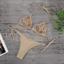 Load image into Gallery viewer, Bikinis  New 3D Flower Swimwear Solid Bikini Bandage Swimsuit Women's Solid Halter Padded Push Up Bikini Set Two Pieces Swimsuit Swimwear Bathing Suit Bikini Set Female Cute Ladies Beachwear Push Up Bikini
