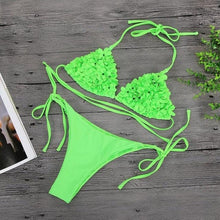 Load image into Gallery viewer, Bikinis  New 3D Flower Swimwear Solid Bikini Bandage Swimsuit Women's Solid Halter Padded Push Up Bikini Set Two Pieces Swimsuit Swimwear Bathing Suit Bikini Set Female Cute Ladies Beachwear Push Up Bikini
