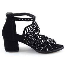 Load image into Gallery viewer, Black Luxury Style Women Summer Sandals Hollow Out Leather Rhinestones Thick Heel Zipper Sandals Beach Sandals Rhinestone Hollow Out Non Slip Breathable Casual Rhinestone Summer Fashion Comfy Sandals
