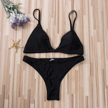 Load image into Gallery viewer, Black Micro Bikini Set Women 2 Pieces Swimsuit Swimwear Push Up Padded Bra Thongs Bathing Suit Beachwear Women's Tie Side Bottom Padded Top Triangle Bikini Bathing Suit
