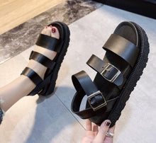 Load image into Gallery viewer, Black Summer Woman Flat Platform Sandals Women Soft Leather Casual Open Toe Women Shoes Slides Sandals Comfort Footbed Double Buckle Adjustable Slippers Summer Non Slip Flat Elegant Sandals
