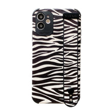 Load image into Gallery viewer, Black White Leopard Milk Pattern PU Leather Phone Case For iPhone 14 13 12 11 Pro XS MAX X XR 8 Plus Cover Hand Band Wrist Strap Women Leopard Pattern Clear Phone Case with Camera Protection Phone Protective Cover Modern Design Phone Cases
