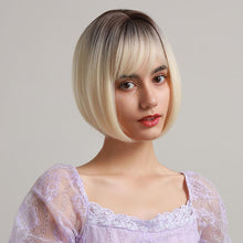Load image into Gallery viewer, Blonde White Black Ombre Bob Synthetic Wigs for Women Straight Hair Wigs Cosplay Party Wig with bangs Heat Resistant Wigs For Black Women Cosplay Wigs For Women

