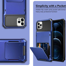 Load image into Gallery viewer, Blue Men Card Holder Hidden Pocket Phone Case Dual Layer Bumper Armor Protective Cover For iPhone 14 13 Pro Max 13 Mini 13 Pro Card Slots Wallet Case Cover Slide Armor Wallet Card Slots Holder for iPhone 13
