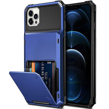 Load image into Gallery viewer, Blue Men Card Holder Hidden Pocket Phone Case Dual Layer Bumper Armor Protective Cover For iPhone 14 13 Pro Max 13 Mini 13 Pro Card Slots Wallet Case Cover Slide Armor Wallet Card Slots Holder for iPhone 13
