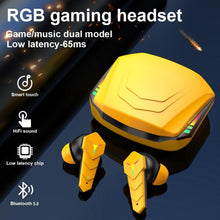 Load image into Gallery viewer, Bluetooth 5.0 RGB Yellow Gaming Earphones Low Latency Wireless Stereo Headphones Bass Earbuds With Mic Headphones Wearable Music Player HiFi Quality Sound Sport Earphones With Charging Case For Outdoor Running Gym Workout 65ms
