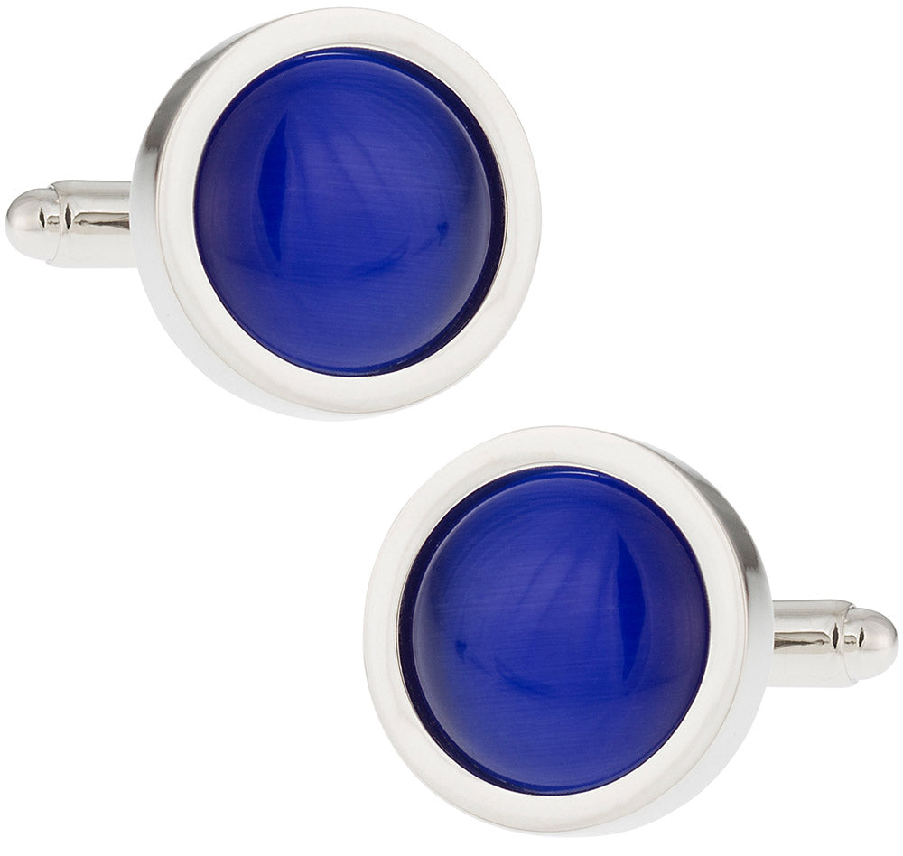 Round Blue Glass Fiber Optic Cufflinks