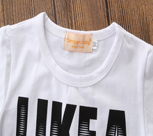Load image into Gallery viewer, Boys' Short Sleeve Letter T-Shirt &amp; Denim Shorts Set - # BAAA51210050 &amp; BOAA11310009
