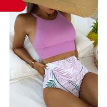 Load image into Gallery viewer, Brown Leaf Print High Waist Bikini Set 2 Piece Summer Padded Push Up High Waist Bikini Swimsuit Swimwear Swimsuit Women High Neck Two Pieces Swimwear Female Sports Bathing Suit
