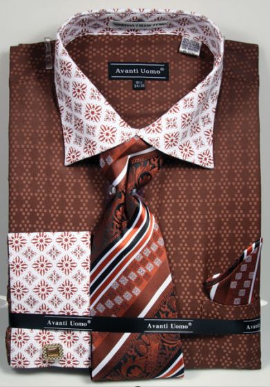 AVANTI UOMO JQD PATTERN WITH TONE ON TONE COLLAR & FRENCH CUFF Men's Dress Shirt DN69M brown