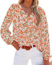 Load image into Gallery viewer, BTFBM Floral V-Neck Blouse - Boho Chic Design in Vibrant Orange, Size Large
