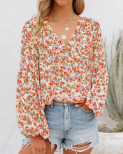 Load image into Gallery viewer, BTFBM Floral V-Neck Blouse - Boho Chic Design in Vibrant Orange, Size Large
