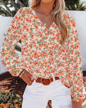 Load image into Gallery viewer, BTFBM Floral V-Neck Blouse - Boho Chic Design in Vibrant Orange, Size Large
