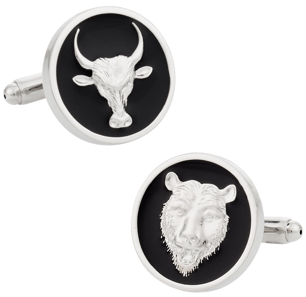 Bull & Bear Cufflinks Black Silver Round