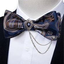 Load image into Gallery viewer, Business Elegant Gold Black Pattern Elegant Wedding Silk Bowtie Men Butterfly Fashion Bow Ties Pocket Square Classic Business Tuxedo Wedding Bowties Handkerchief Set
