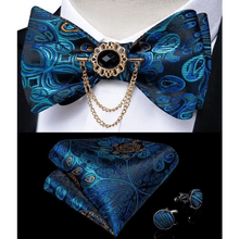 Load image into Gallery viewer, Business Elegant Gold Black Pattern Elegant Wedding Silk Bowtie Men Butterfly Fashion Bow Ties Pocket Square Classic Business Tuxedo Wedding Bowties Handkerchief Set
