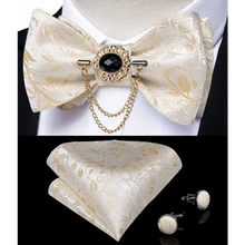 Load image into Gallery viewer, Business Elegant Gold Black Pattern Elegant Wedding Silk Bowtie Men Butterfly Fashion Bow Ties Pocket Square Classic Business Tuxedo Wedding Bowties Handkerchief Set
