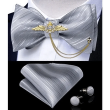 Load image into Gallery viewer, Business Elegant Gold Black Pattern Elegant Wedding Silk Bowtie Men Butterfly Fashion Bow Ties Pocket Square Classic Business Tuxedo Wedding Bowties Handkerchief Set
