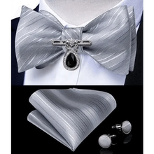 Load image into Gallery viewer, Business Elegant Gold Black Pattern Elegant Wedding Silk Bowtie Men Butterfly Fashion Bow Ties Pocket Square Classic Business Tuxedo Wedding Bowties Handkerchief Set

