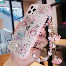 Load image into Gallery viewer, Butterfly Phone Case for iPhone 14 Pro Max 13 12 11 XS XR X 7 8 plus Glitter Clear Covers Bracelet With Lady Pendant Non Moving Dry Fixed Glitter Luxury Shiny Butterfly Wrist Bracelet Chain Soft Silicone Case For Smartphone
