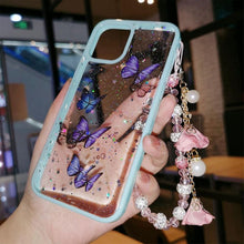 Load image into Gallery viewer, Butterfly Phone Case for iPhone 14 Pro Max 13 12 11 XS XR X 7 8 plus Glitter Clear Covers Bracelet With Lady Pendant Non Moving Dry Fixed Glitter Luxury Shiny Butterfly Wrist Bracelet Chain Soft Silicone Case For Smartphone
