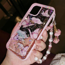 Load image into Gallery viewer, Butterfly Phone Case for iPhone 14 Pro Max 13 12 11 XS XR X 7 8 plus Glitter Clear Covers Bracelet With Lady Pendant Non Moving Dry Fixed Glitter Luxury Shiny Butterfly Wrist Bracelet Chain Soft Silicone Case For Smartphone

