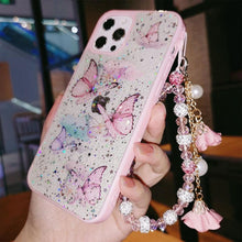 Load image into Gallery viewer, Butterfly Phone Case for iPhone 14 Pro Max 13 12 11 XS XR X 7 8 plus Glitter Clear Covers Bracelet With Lady Pendant Non Moving Dry Fixed Glitter Luxury Shiny Butterfly Wrist Bracelet Chain Soft Silicone Case For Smartphone
