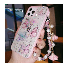 Load image into Gallery viewer, Butterfly Phone Case for iPhone 14 Pro Max 13 12 11 XS XR X 7 8 plus Glitter Clear Covers Bracelet With Lady Pendant Non Moving Dry Fixed Glitter Luxury Shiny Butterfly Wrist Bracelet Chain Soft Silicone Case For Smartphone
