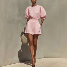 Load image into Gallery viewer, Women's Puff-Sleeve Top &amp; Cropped Shorts Set – Casual Chic
